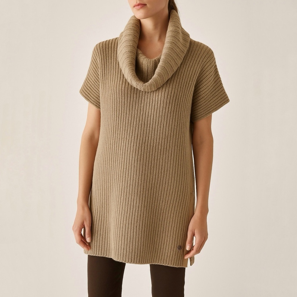 LORO PIANA 100% Cashmere Ribbed Cowl Neck Short Sleeve Sweater